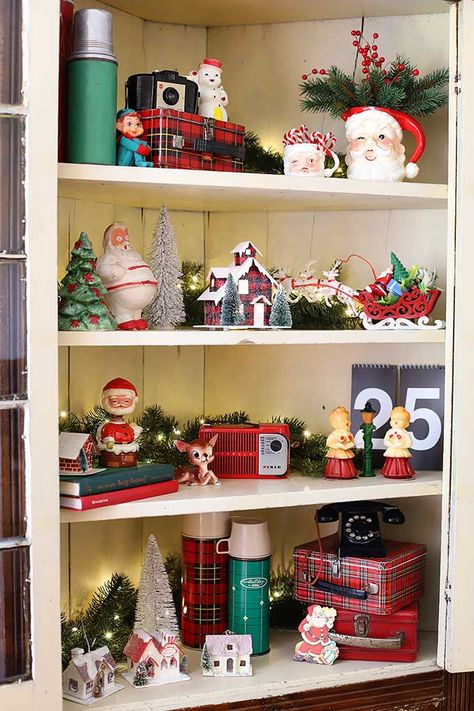 Decorating the china cabinet for Christmas. Lots of vintage Christmas decorations. Orange Christmas Decor, Antique Decorations, Christmas Stores, Antique Ideas, Christmas Booth, Retro Christmas Decorations, Christmas Displays, Christmas Vignettes, Christmas Apartment