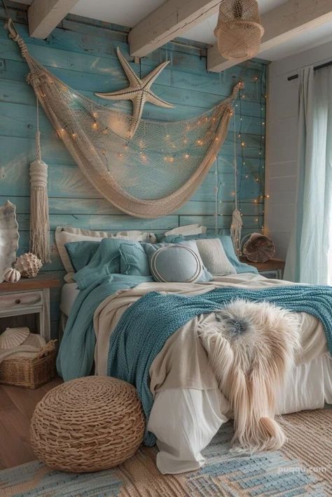 Beach Themed Bedroom Ideas For Adults, Beachcore Bedroom, Beach Vibe Room Bedrooms, Mermaidcore Aesthetic Room, Beach Room Makeover, Beach Theme Room Ideas, Themed Bedrooms For Adults, Sea Bedroom Aesthetic, Teenage Beach Bedroom