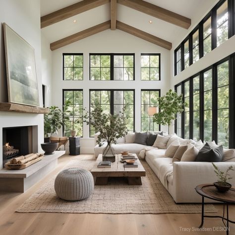 Porch Turned Into Living Room, Open Floor Plan Living Room And Kitchen Modern Farmhouse, Big Fireplace Living Room, Vaulted Ceiling Living Room Decor Ideas, Fireplace With Windows On Each Side, French Contemporary Home, Open Living Room Dining Room, Living Room With Large Windows, Modern Traditional Home