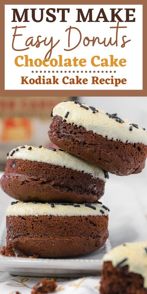 Did you know that donuts can be easy to make at home? Not to mention that chocolate donuts can be easy & high in protein! This recipe packs a protein punch, and not a sugar crash. Start your morning off right with these deliciously easy donuts! Protein Donut Recipe Kodiak, Protein Donuts Kodiak Cakes, Kodiak Cakes Donut Recipe, Kodiak Protein Donut Recipe, Chocolate Protein Donut Recipe, Kodiak Pancake Mix Donut Recipes, Healthier Donut Recipes, Kodiak Donuts Recipe, High Protein Donut Recipe