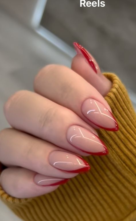 Almond Nails Trendy 2023, Edgy Valentines Nails Almond, Nude Nails With Red Design, Elegant Nails 2023, Cool Nail Inspo Almond, Minimalist Red Nails, Red Tip Almond Nails, Gelish Nails Designs, Red Fancy Nails