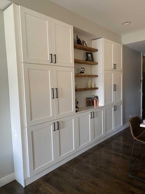 Kitchen Built-ins - Imgur Built In Pantry Cabinet Wall Custom, Dining Room With Pantry Cabinet, Floor To Ceiling Wall Cabinets Kitchen, Pantry Nook In Kitchen, Diy Pantry Wall Cabinets, Wall Pantry Ideas Built Ins Kitchen Cabinets, Built In Wall Pantry, Wall Of Storage Cabinets Built Ins, Hall Cabinets Built In