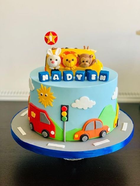 2nd Birthday Boy Cake Ideas, Vehicle Cake 2nd Birthday, Car Cakes For Boys Birthday For Kids, Transportation Cakes For Boys, Car Theme Cake Boys, Car Theme Cake For Kids, Wheels On The Bus Cake, Bus Birthday Cake, Car Themed Cake