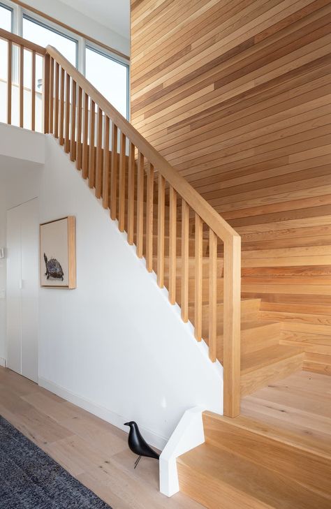 Photo 26 of 479 in Staircase Wood Photos - Dwell Wooden Staircase Railing, Staircase Wood, Wood Railings For Stairs, Wooden Staircase Design, Modern Staircases, Wooden Staircase, Timber Cabin, Staircase Railing Design, Wood Railing