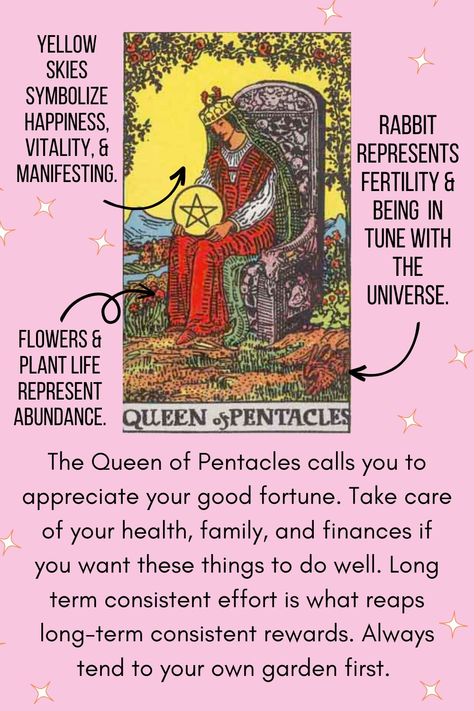 The Queen of Pentacles represents various meanings related to aspirations, abundance, nurturing, practicality, and security. If you pull the Queen of Pentacles it may indicate that you are like the queen and/or she can teach you a few things about maintaining your kingdom. Continue to look even deeper into the symbolic and profound lessons hidden in the Queen of Pentacles by clicking the link below. #tarotcardmeanings #spirituality #spiritualknowledge #tarot #queenofpentacles #abundance Queen Of Pentacles Tarot Meaning Reverse, Tarot Queen Of Pentacles, Queen Of Coins Tarot Meaning, Queen Of Pentacles Aesthetic, Queen Of Pentacles Tattoo, Queen Of Pentacles Reversed, Queen Of Pentacles Tarot Meaning, Tarot Explained, Queen Of Pentacles Tarot Card