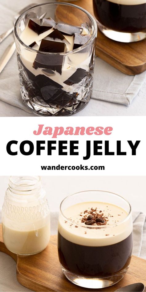 What’s better than a coffee you can drink? Coffee you can eat! Japanese Coffee Jelly is a light dessert made in advance and ready to impress. Only 5 ingredients! Japanese Coffee Jelly Recipe, Asian Drink Recipes, Japanese Jelly Coffee, Japanese Drinks Recipe, Easy Asian Desserts, Cafe Food Recipes, Easy Japanese Dessert, Japanese Coffee Jelly, Dinner For 2 Recipes