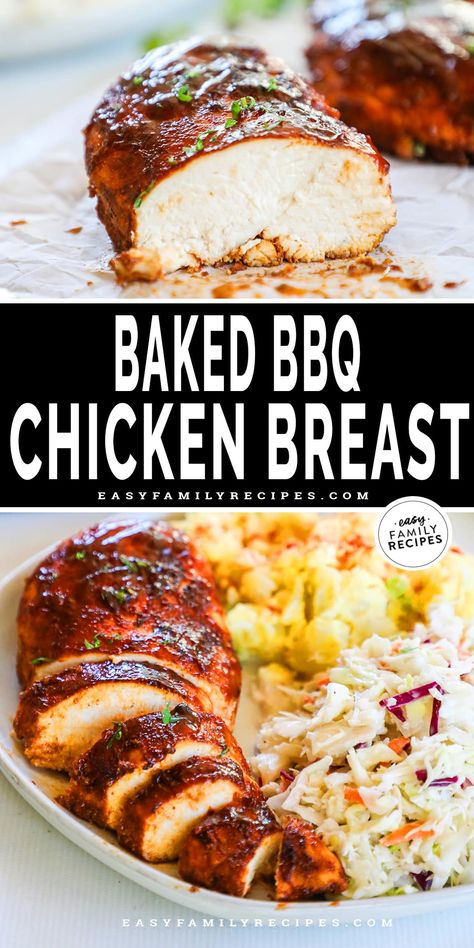 This 30 Minute Baked BBQ Chicken Breast is a summer recipe you can enjoy all year long! The chicken is slathered in a sweet, smoky, savory spice blend, covered in BBQ sauce, then baked until tender and juicy. Serve this Oven-Baked BBQ Chicken with any of your favorite summer side dishes. It's a meal that the whole family will love that takes just 5 minutes to prep. Serve this BBQ Oven Baked Chicken as is or shred it up and use it in another recipe! Bbq Boneless Chicken Breast, Oven Baked Bbq Chicken Breast, Baked Bbq Chicken Breast, Easy Baked Bbq Chicken, Chicken Breast In The Oven, Bbq Baked Chicken Breast, Baked Bbq Chicken Recipes, Bbq Chicken Breast Recipe, Boneless Skinless Chicken Breast Recipes