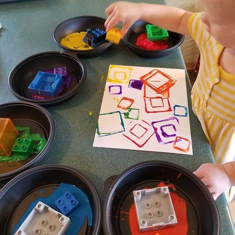 Painting With Blocks Preschool, Square Preschool Craft, Square Projects For Preschool, Preschool Square Crafts, Square Activity Preschool, Centers For Preschool Classroom, Square Shape Activities For Toddlers, Preschool Square Activities, Square Preschool Activities