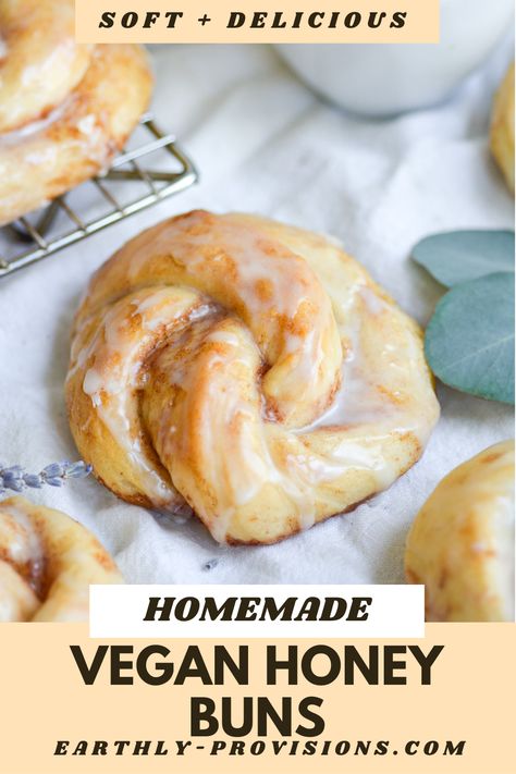 These Vegan Honey Buns are airy and soft and topped with a light crackly glaze. They are full of vegan honey flavor and are even better than the original gas station treat! Hunny Bun Recipe, Vegan Food For Non Vegans, Vegan Midnight Snack, Vegan Scandinavian Recipes, Gluten Free Honey Buns, The Best Vegan Recipes, Best Baked Goods Recipes, Vegan Baking Ideas, Vegan Honey Bun