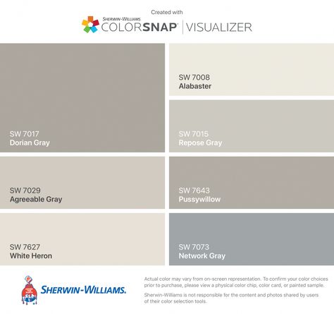 I found these colors with ColorSnap® Visualizer for iPhone by Sherwin-Williams: Dorian Gray (SW 7017), Agreeable Gray (SW 7029), White Heron (SW 7627), Alabaster (SW 7008), Repose Gray (SW 7015), Pussywillow (SW 7643), Network Gray (SW 7073). #whitekitchencabinetscreamy #sherwinwilliamsagreeablegray I found these colors with ColorSnap® Visualizer for iPhone by Sherwin-Williams: Dorian Gray (SW 7017), Agreeable Gray (SW 7029), White Heron (SW 7627), Alabaster (SW 7008), Repose Gray (SW 7015), P White Cabinets Gray Walls, Interior Paint Colors For Living Room, Agreeable Gray Sherwin Williams, Origami White, Interior Paint Colors Schemes, Sherwin Williams Gray, Repose Gray, Agreeable Gray, Gray Walls