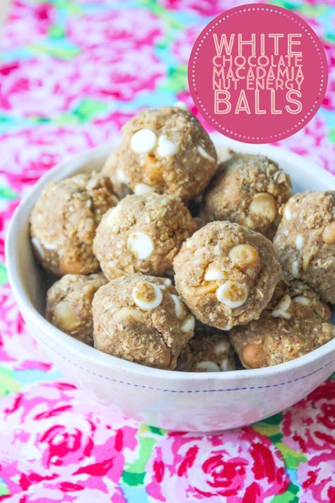 White Chocolate Macadamia Nut Energy + Protein Balls! Energy Protein Balls, White Chocolate Macadamia Nut, Protein Cake, White Chocolate Macadamia, Energy Ball Recipe, Chocolate Macadamia, Simply Taralynn, Healthy Nuts, Healthy Vegan Snacks