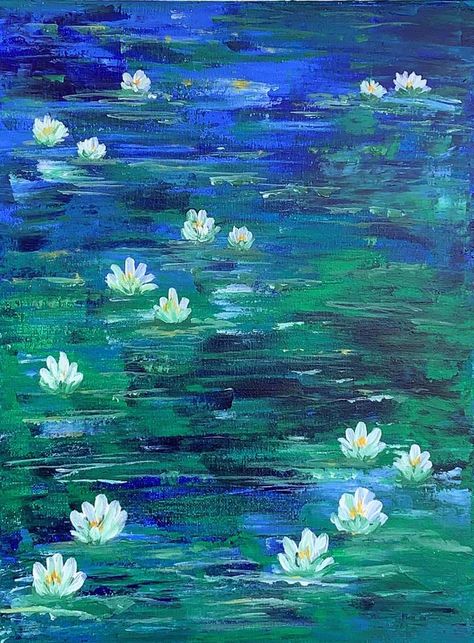 Cool Toned Painting, Floral Water Painting, Paintings Blue Background, Blue Pond Aesthetic, Water Paintings Acrylic, Blue Green Painting Ideas, Water Pond Painting, A Painting A Day, Comfort Art Paintings