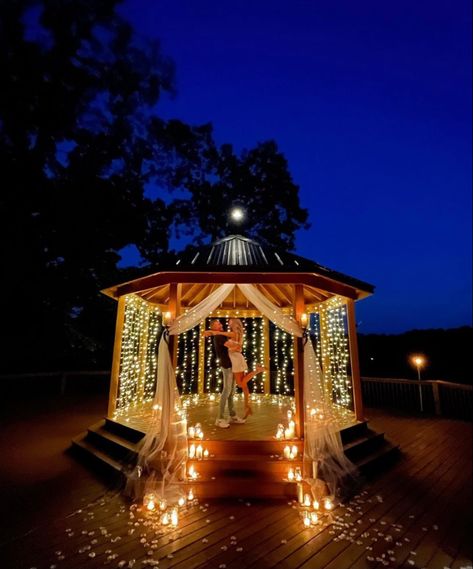 Proposal Ideas Night Lights, Gazebo Date Night, Proposal With Lights Romantic, Starry Night Proposal, Proposal In Mexico, Poolside Proposal Ideas, Pergola Proposal Ideas, Gazebo Decorating Ideas Proposal, Purposal Ideas Proposals Marry Me