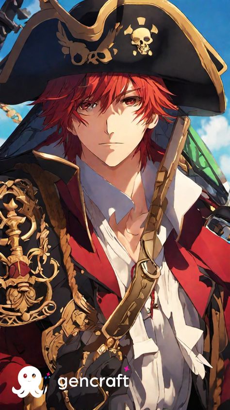 Pirate, red hair, anime boy, sexy, cool, awesome, dangerous Anime Pirate Aesthetic, Red Headed Pirate, Vampire Pirate Art, Anime Pirate Guy, Pirate Art Male, Hot Pirate, Dnd Pirate, Pirate Drawing, Manga Male