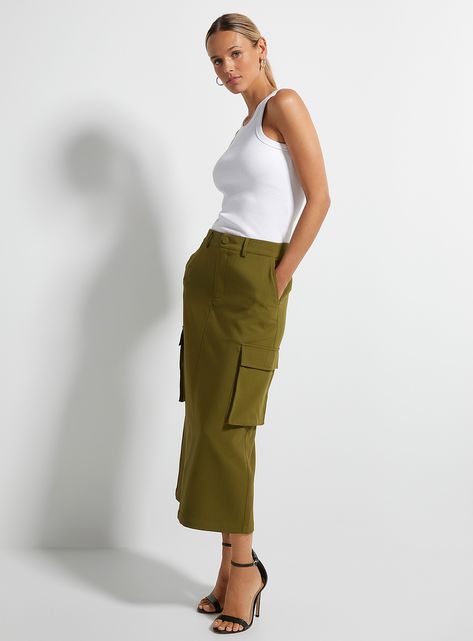 Midi Cargo Skirt, Cargo Skirt Outfit, Cargo Midi Skirt, Cargo Skirts, Urban Chic Fashion, Skirts Long, Green Cargo, Skirts Women, Womens Maxi Skirts