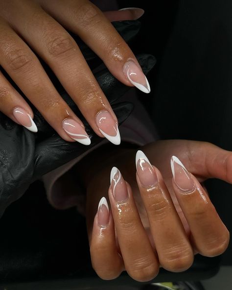 This design 😫🤍 - . . . . . . . . - Tags: #nails #nailsnailsnails #nailsofinstagram #explore #explorepage #explorenails #nailsart #frenchnails #gelx #gelxnails #acrylicnails #acrylicnaildesign Almond White Nails Design, Almond Nails Designs White, White Nail Designs Almond, Almond Nails White, White Tip Nail Designs, White Almond Nails, White Tip Nails, Almond Nails Designs, White Nail Designs