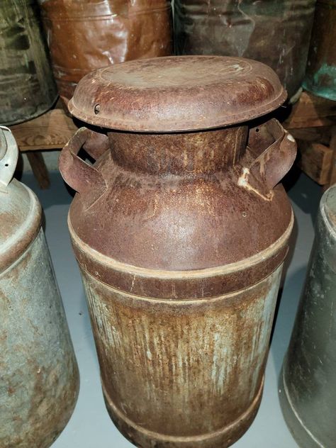 "Beautiful clean large milk cans 25\"H price for 1 milk can" Stoneware Crock Decor Ideas, Family Heirloom Display, Antique Dishes Collectible, Antique Milk Can, Tractor Decor, Rethunk Junk, Old Milk Cans, Tractor Seats, Collectible China