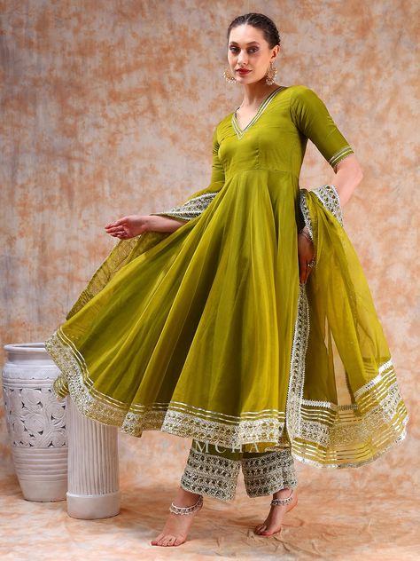 Step into elegance with our Mehendi green Anarkali set. Perfect for every festive occasion. . . . Shop Now: www.mohifashion.com . . . . . #kurtasets #kurtasetswomen #lucknowikurta #chikankariwork #suitsonline #indiankurti #indiansuits #kurtaset #kurta #designerkurti Anarkali With Border, Anarkali Kurti Design, Green Anarkali Dress, Green Anarkali Suits, Cotton Anarkali Suits, Cotton Anarkali Kurta, Lucknowi Kurta, Green Anarkali, Cotton Anarkali