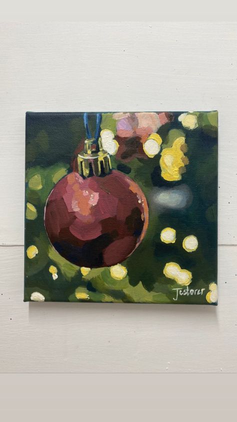 Acrylic painting of a up close red bauble on a blurry Christmas tree with lights Christmas Art Acrylic Paint, Painting Ideas For Presents, Christmas Ornaments Painting On Canvas, Painting Ideas Christmas Canvas, Christmas Ornament Canvas Painting, Diy Christmas Gifts Painting, Christmas Cards Painted Acrylic, Christmas Tree Paintings Acrylics, Christmas Painting Ideas Aesthetic