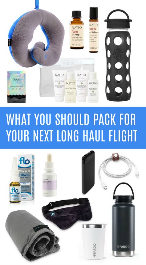 Find out what we recommend as our top travel products for a long haul flight or international trip. These travel must haves include the best travel products to help you sleep on a plane, essential oils, gadgets and tips to make your international flight as comfortable as possible - even in economy! Make sure your carry on luggage is perfectly packed for your next flight. Long Distance Travel Tips, Carry On For International Flight, International Flight Tips, International Flight Essentials, Plane Must Haves, Celiac Travel, Airplane Flights, Long Haul Flight Tips, Long Haul Flight Essentials