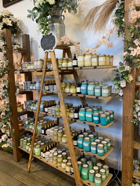 Boutique Candle Display, Small Store Front Ideas, Apothecary Store Ideas, Retail Candle Display Ideas, Soap Shop Interior, Candle Display Craft Show, Candle Market Display, Candle Display Retail, Candle Shop Display