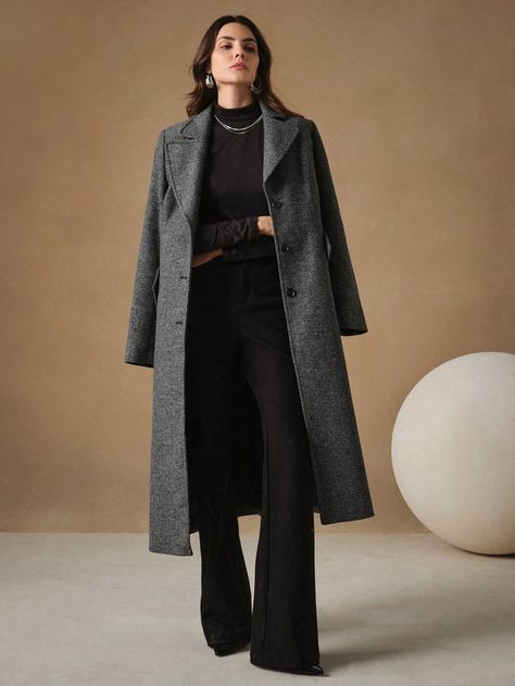 Slim Fit Long Waisted Tweed Wool Blend Coat For Women Black Elegant  Long Sleeve Tweed Plain Regular Non-Stretch  Women Clothing, size features are:Bust: ,Length: ,Sleeve Length: Formal Coats For Women, Long Tweed Coat, Long Black Wool Coat, Office Fits, Winter Sweater Dresses, Dark Autumn, Black Wool Coat, Women Overcoat, Coat For Women