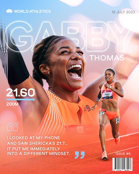 Magazine cover style Graphic celebrating 200m athlete Gabby Thomas Athletic Poster Design, Sport Magazine Layout, Sports Magazine Layout, Gabrielle Thomas, Sports Magazine Cover, Sports Magazine Design, Gym Ads, Athlete Poster, Gabby Thomas