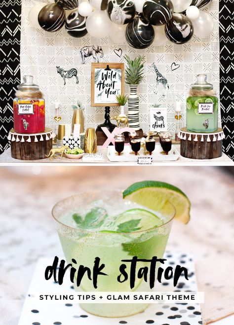 How to Style a Creative Drink Station + "Wild About You" Glam Safari Theme // Hostess with the Mostess® Safari Theme Alcohol Drinks, Jungle Theme Bridal Shower Ideas, Safari Alcoholic Drinks, Safari Cocktail Drinks, Safari Party Drinks, Safari Themed Drinks, Wild One Drink Ideas, Safari Themed Cocktails, Jungle Theme Drinks