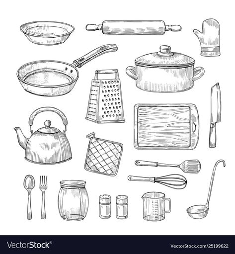 Cooking Utensils Drawing, Cooking Tools Illustration, Kitchen Utensils Drawing, Kitchen Tools Drawing, Utensils Drawing, Kitchen Objects, Pattern Sketch, Kitchen Drawing, Desen Realist