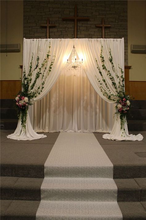 church wedding decorations Cheap Backyard Wedding, Ceremony Decorations Church, Wedding Ceremony Decorations Church, Stage Wedding, Backyard Wedding Decorations, Pew Decorations, Backyard Wedding Ceremony, Diy Backyard Wedding, Aisle Runners