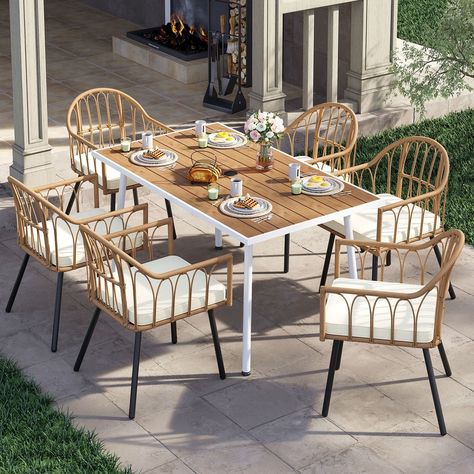 Fernald Beige 7-piece Outdoor Wicker Dining Set Patio Chairs and Table with Cushion - On Sale - Bed Bath & Beyond - 37182074 Metal Patio Furniture, Wicker Dining Set, Wicker Dining Chairs, Rattan Dining Chairs, Wicker Patio Furniture, Outdoor Table Settings, Beige Cushions, Wicker Chairs, Patio Dining Chairs