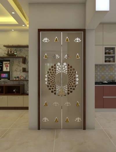 Designs by Interior Designer ACE Solution, Indore | Kolo Pooja Door Design, Glass Door Design, Indian Room Decor, Temple Design For Home, Living Room Tv Unit Designs, Hall Interior Design, Pooja Room Door Design, Door Glass Design, Pooja Room Design