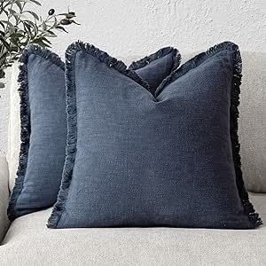 Foindtower Set of 2 Decorative Linen Fringe Throw Pillow Covers Cozy Boho Farmhouse Cushion Cover with Tassels Soft Accent Pillowcase for Couch Sofa Bed Living Room Home Decor,18×18 Inch,Navy Blue Organic Cotton Pillows, Textiles Techniques, Pillows For Sale, Simple Bed, Unique Pillows, Cotton Throw, Woven Throw, Stylish Home Decor, Everyday Accessories