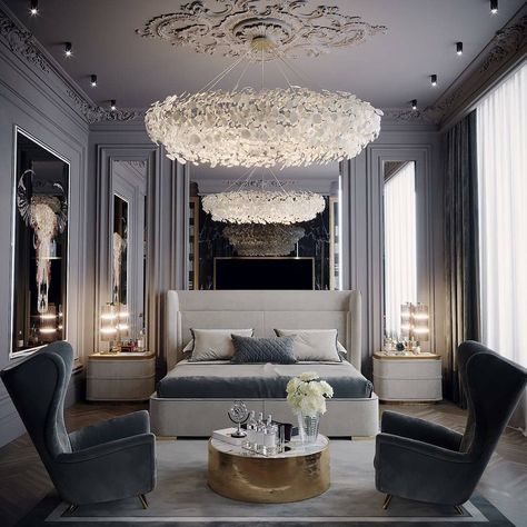 Adore Lux Decor on Instagram: “... Can't get over the chandelier in this design by Alex Millir 😍 - 💡 Turn on our post notifications so you never miss a post - Follow…” Luxury Bedroom Design, Luxury Bedroom Master, Elegant Bedroom, Master Bedrooms Decor, Dream Bedroom, Design Case, Luxurious Bedrooms, Modern Interior Design, Interior Design Bedroom