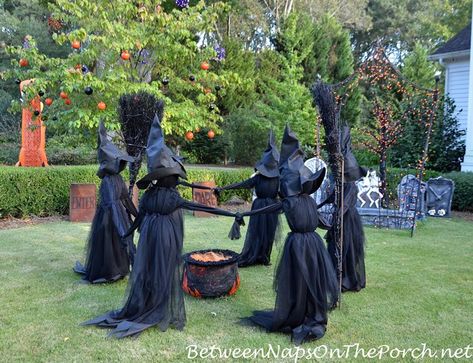 Witches on the Lawn for Halloween Halloween Front Yard Witches, Witch Lawn Decorations, Dancing Witches Yard Decor, Witches Front Yard, Circle Of Witches Halloween Decor, Halloween Outdoor Witches, Diy Halloween Lawn Witches, Witches Circle Decoration, Diy Witch Lawn Decor