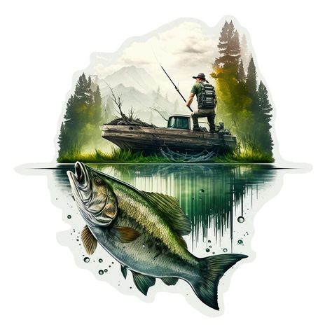 Bass Fishing Painting, Bass Fishing Wallpaper, Fishing Art Painting, Fishing Pose Reference, Fishing Art Drawing, Fishing Drawing, Bass Fishing Tattoo, Fishing Wallpaper, Fishing Illustration