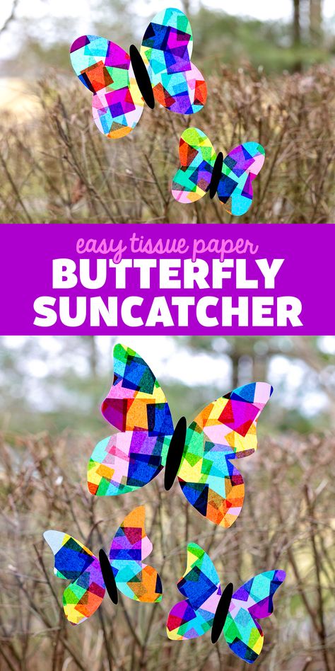 Tissue Paper Butterfly Suncatchers on a Window Butterfly Sun Catcher Craft, Contact Paper Butterfly, Contact Paper Tissue Paper Craft, New Beginnings Crafts For Kids, Bugs And Butterflies Crafts, Tissue Paper Butterfly Craft, Butterfly Tissue Paper Craft, Spring Suncatchers For Kids, Kids Tissue Paper Crafts