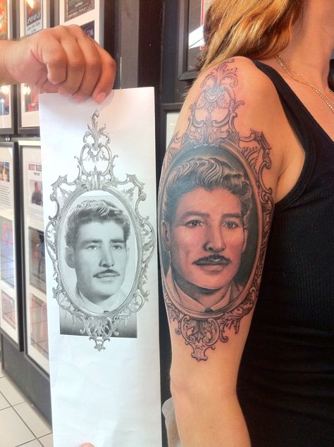 Portrait tattoo Frame Portrait Tattoo, Grandma Portrait Tattoo, Vintage Portrait Tattoo, Tattoo Portrait Ideas, Memorial Portrait Tattoo, Vintage Frame Tattoo, Portrait Tattoo Ideas, Potrait Tattoo, Sick Tattoos