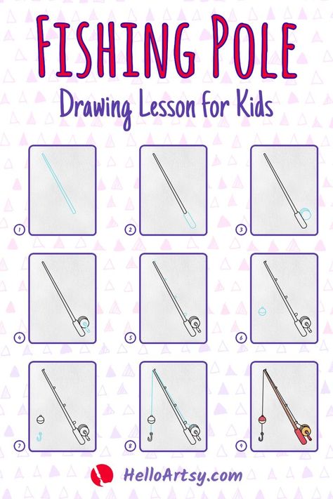 9 drawings demonstrating how to draw a how to draw a fishing pole for kids. Fishing Pole Drawing, Nautical Drawing, Beach Drawings, Nashville Weekend, Draw Objects, Fishing Lures Art, Beach Drawing, Boat Drawing, Drawing Lessons For Kids