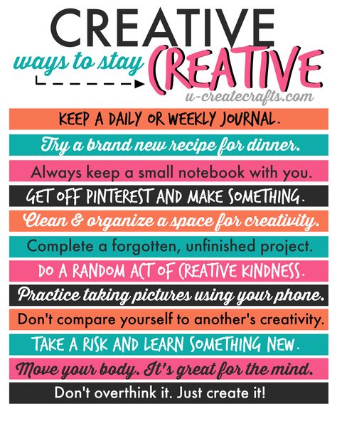 Creative Ways to Stay Creative - find helpful tips that will get you out of a creative funk and inspire you! New Recipes For Dinner, Indie Craft, Stay Creative, Creative Infographic, Random Act, Creativity Quotes, Creative Block, Inbound Marketing, Creative Thinking