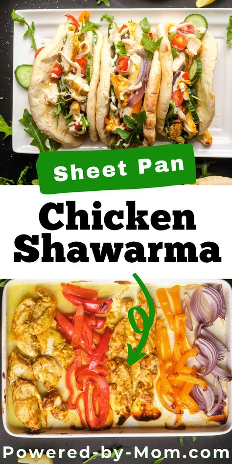 Sheet Pan Chicken Shawarma - Powered By Mom Easy Oven Chicken Shwarma, Pita Sandwich Recipes Chicken, Sheet Pan Gyros, Rotisserie Chicken Shawarma, Healthy Chicken Shawarma Bowl, Chicken Schwarma Sheet Pan Dinner, Swarma Chicken Bowl, Chicken Shwarma Breast, Chicken Naan Wrap