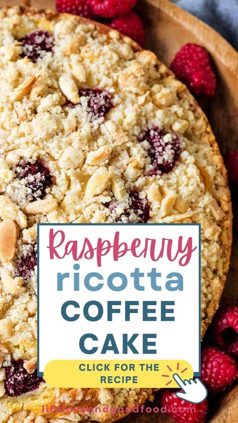 Moist and delicious, this Raspberry Ricotta Coffee Cake with Almond Streusel is oh-so-tasty as a light dinner dessert and just as delicious as a fresh, fruity coffee cake on your next brunch menu. https://lifeloveandgoodfood.com/raspberry-ricotta-cake/ Ricotta Coffee Cake, Raspberry Ricotta Cake, Ricotta Recipes Dessert, Raspberry Ricotta, Yogurt Popsicle Recipes, Ricotta Cake Recipes, Raspberry Coffee Cakes, Cheese Desserts, Sherbet Recipes