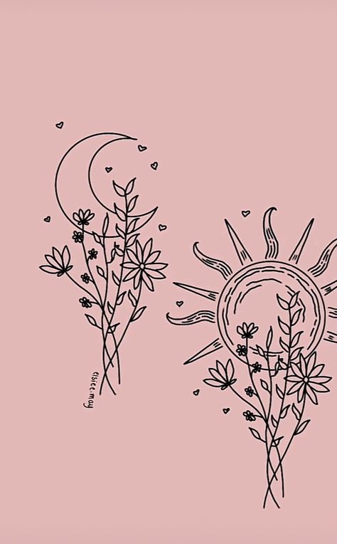 Black And White Sun And Moon Tattoo, Sun And Mom Tattoo, Best Friend Sun Tattoos, Sun And Moon Nature Tattoo, Youre The Sun To Me Tattoo, Moon And Sun Tattoo With Flowers, Sun And Moon Line Drawing, Sun Made Of Flowers Tattoo, Black And White Tattoos Sleeve