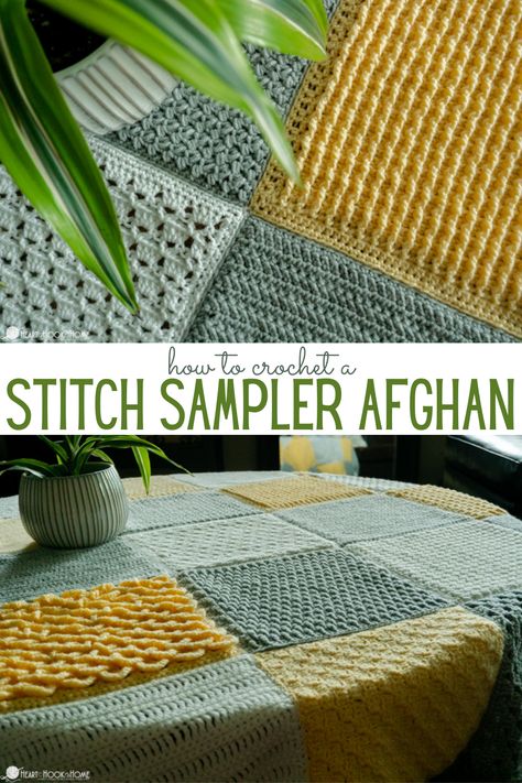 We have made it to part TWO of the Stitch Sampler crochet pattern! We will assemble all of our squares into one blanket, then add the border. Large Square Crochet Blanket, Modern Granny Squares Crochet, Knit Blanket Squares Block Patterns, Stitch Sampler Crochet, Afghan Borders, Crochet Quilt Tutorial, Crochet Sampler Afghan, Crochet Afgan, Joining Crochet