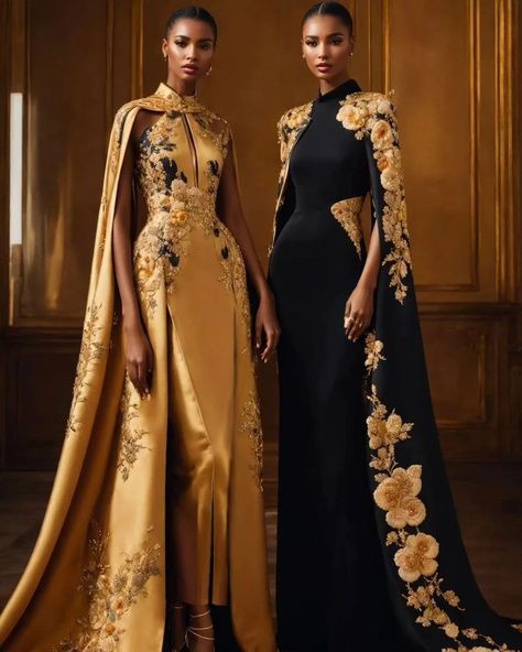 Capes Fashion Couture, Cheongsam Gown, Black And Gold Gown, Dubai 2023, Gold Gown, Elegant Dresses Classy, Vestido Plus Size, فستان سهرة, Fashion Inspiration Design