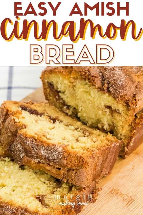 If you love Amish cinnamon bread but don't have time to feed a starter, you're going to love this easy recipe! It's a soft, tender quickbread with cinnamon swirl and a cinnamon sugar topping. Great as a coffee cake for breakfast or with whipped cream for dessert. Taste Of Home Cinnamon Swirl Bread, Cinnamon Coffee Bread, Cinnamon Quick Bread Recipes With Sour Cream, Cinnamon Sugar Quick Bread, Quick Bread Desserts, Quick And Easy Breakfast Breads, Sweet Cinnamon Bread Machine, Bakery Style Amish Cinnamon Bread Recipe, Cinnamon Strudel Bread