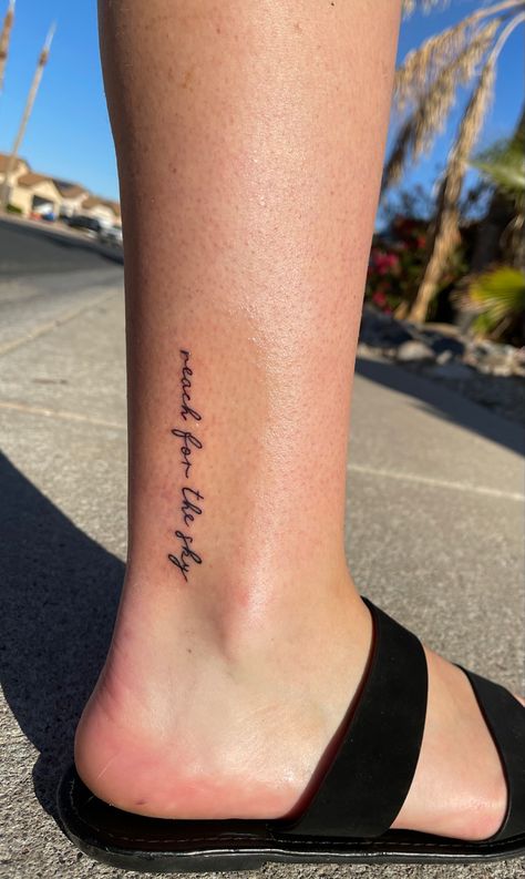 Ankle Tattoo Quotes For Women, Inner Ankle Tattoos For Women Words, Ankle Script Tattoos For Women, Ankle Tattoos For Women Writing, Written Tattoos For Women Arm, Elegant Places For Tattoos, Words On Ankle Tattoo, Back Of The Leg Tattoos For Women Words, Tattoo Phrases Placement