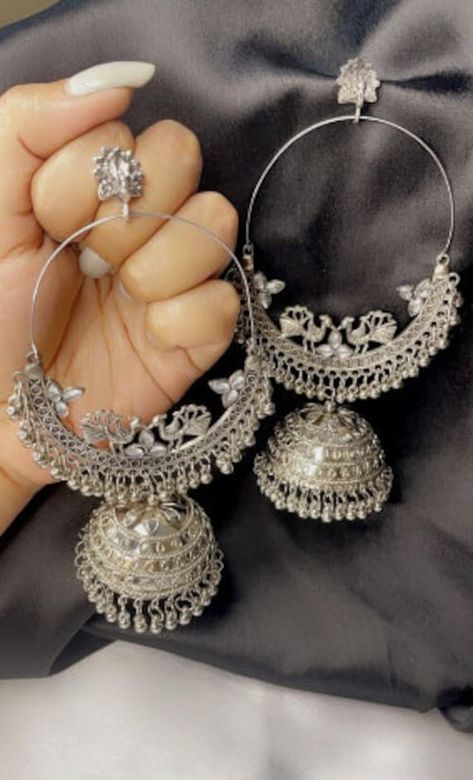 Silver Earrings Sterling Stud Post Hypo-Allergenic Oxidized Bollywood Indian Jhumka Oxidised Jhumki Ethnic Traditional Earring  Base Metal: Alloy Plating: Oxidised Silver Sizing: Non-Adjustable Stone Type: Kundan Type: Jhumkhas Net Quantity (N): 1 Country of Origin: India Silver Jhumki Earrings, Silver Oxidised Jhumka, Silver Jhumkas Indian, Jhumkas Oxidised, Oxidised Jewellery Earrings, Desi Earrings, Silver Earrings Indian, Oxidized Jhumkas, Silver Jhumka Earrings