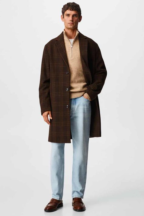 Loafers Men Outfit Jeans, Brown Coat Outfit Men, Stylish Winter Outfits Men, Men Loafers Outfit, Penny Loafers Men Outfit, Jeans And Loafers Outfit, Brown Loafers Men, Mens Light Wash Jeans, Brown Coat Outfit