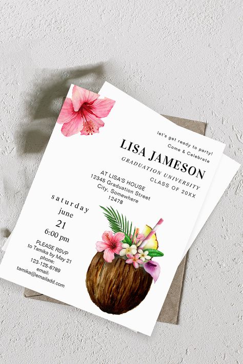 Celebrate your graduation party in style with your Tropical Coconut Graduation V2 Graduation Party Invitations. If you're having a pool party, beach or tropical graduation party theme, this invitation is for you. Features a Hawaiian themed coconut drink with flowers. Fill out your info with easy to use templates. This budget graduation invitation also gives you the option to save more money for your party! Hawaii Party Invitation, Hawaiian Theme Graduation Party, Hawaiian Party Invitations, Hawaiian Graduation Party, Tropical Graduation Party, Hawaiian Invitations, Coconut Drink, Graduation Party Themes, Coconut Drinks